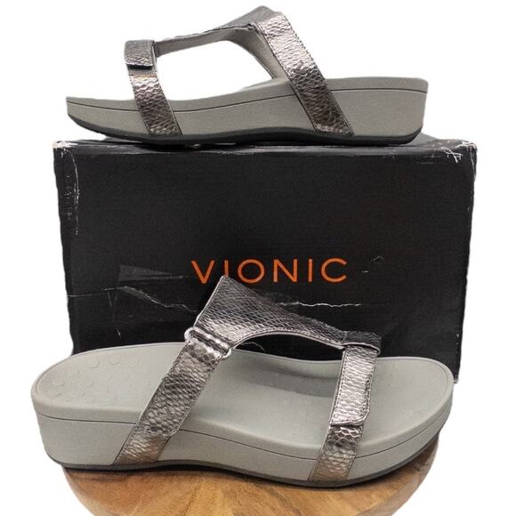 Vionic Ellie Platform Slide Sandal Metallic Silver Pewter Snakekin Women's 12 - Picture 1 of 6